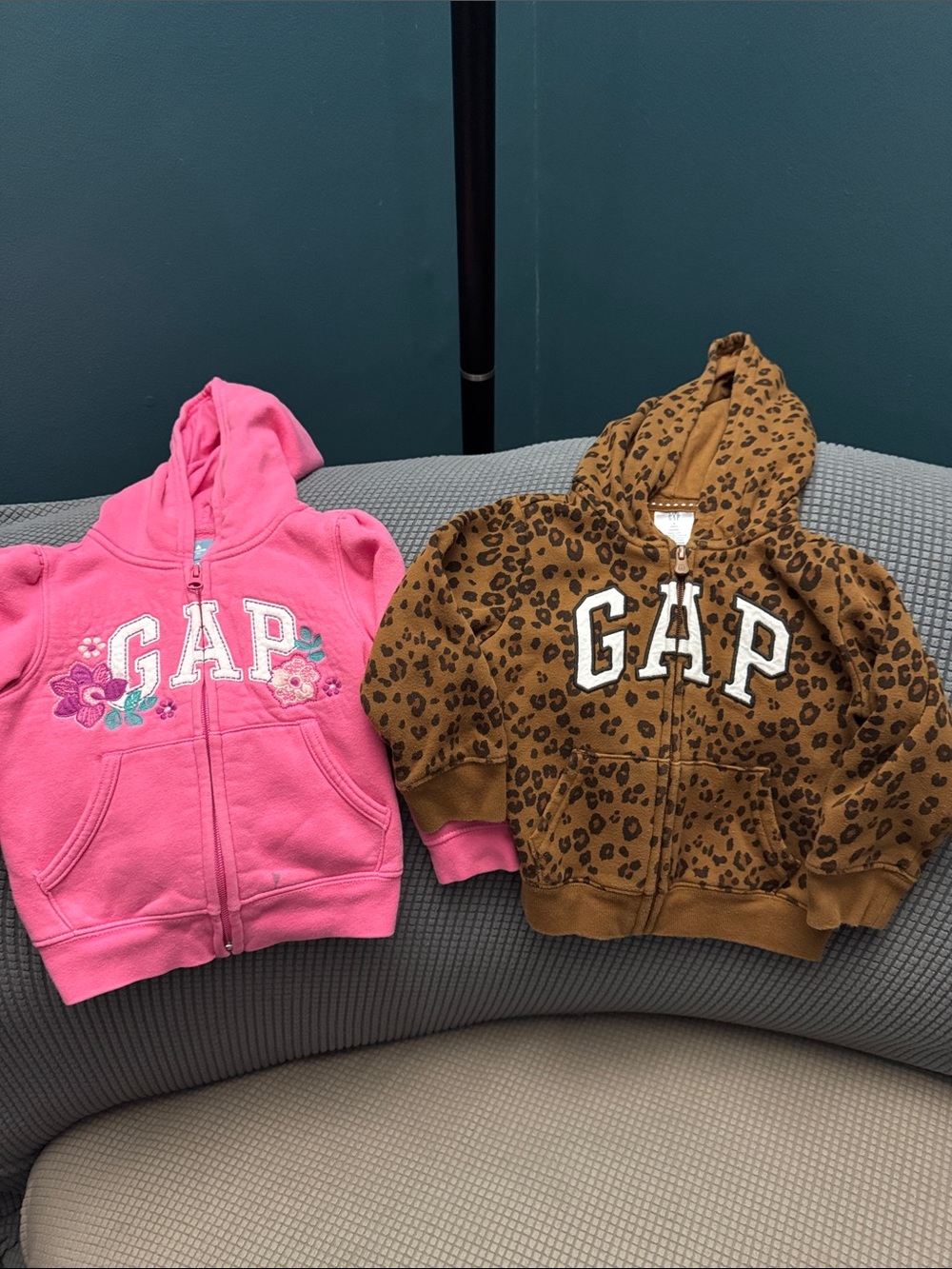 GAP Pink Floral & Brown Leopard Kids Zip Hoodies (Pair). Size 3. Gently Used.